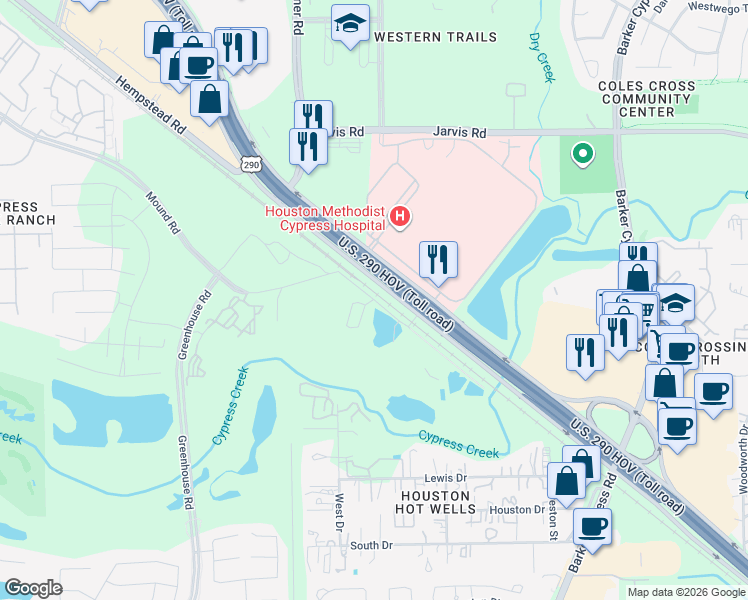 map of restaurants, bars, coffee shops, grocery stores, and more near U.S. 290 Frontage Rd in Cypress