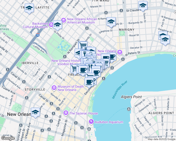 map of restaurants, bars, coffee shops, grocery stores, and more near 902 Royal Street in New Orleans