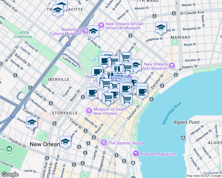 map of restaurants, bars, coffee shops, grocery stores, and more near 839 Saint Ann Street in New Orleans