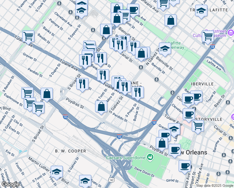 map of restaurants, bars, coffee shops, grocery stores, and more near 2220 Tulane Avenue in New Orleans