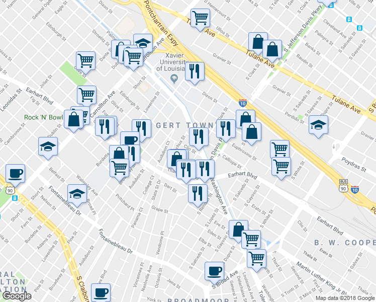 map of restaurants, bars, coffee shops, grocery stores, and more near 1200 South Telemachus Street in New Orleans