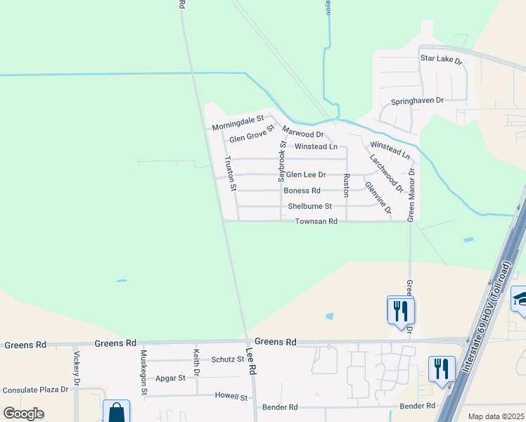 map of restaurants, bars, coffee shops, grocery stores, and more near 5835 Shelburne Street in Humble