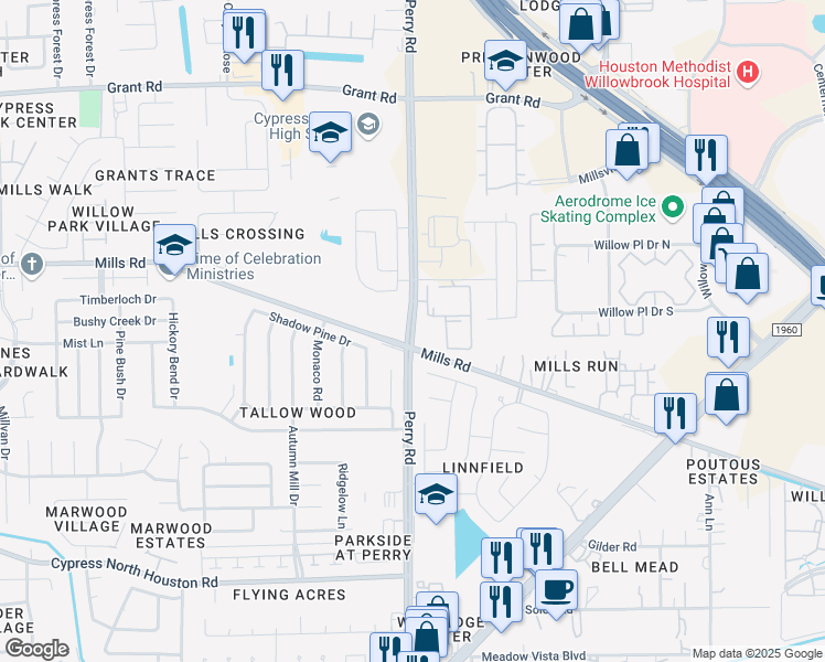 map of restaurants, bars, coffee shops, grocery stores, and more near 12850 Perry Road in Houston