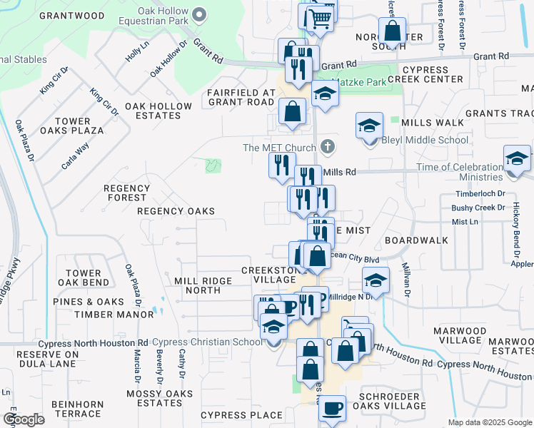 map of restaurants, bars, coffee shops, grocery stores, and more near 11111 Saathoff Drive in Cypress