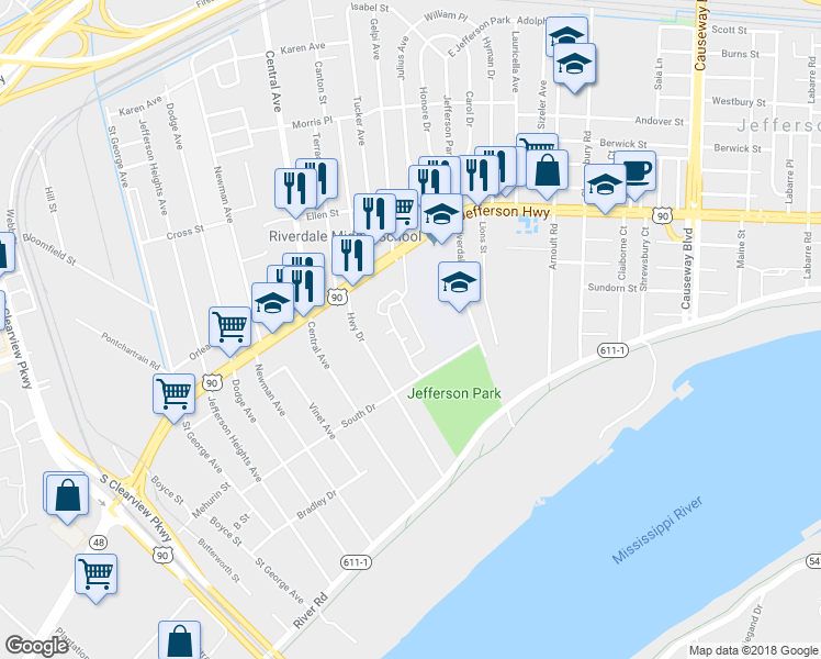 map of restaurants, bars, coffee shops, grocery stores, and more near 700 Audubon Trace in Jefferson
