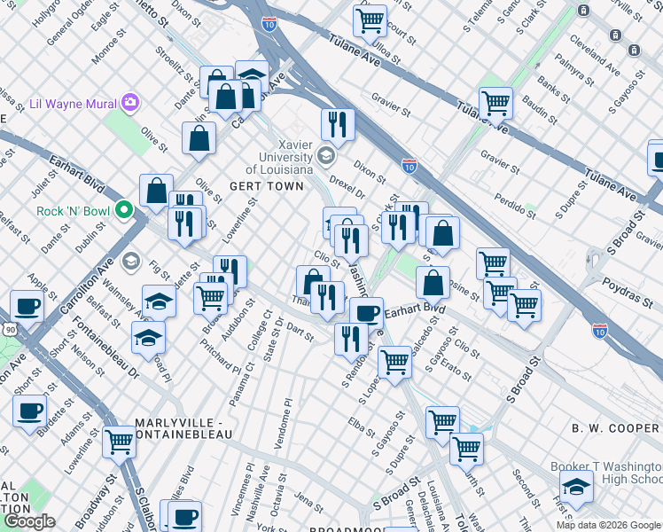 map of restaurants, bars, coffee shops, grocery stores, and more near 1200 South Telemachus Street in New Orleans