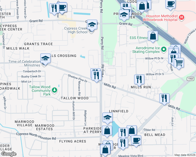map of restaurants, bars, coffee shops, grocery stores, and more near 12803 Perry Road in Houston