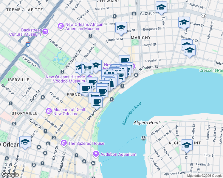 map of restaurants, bars, coffee shops, grocery stores, and more near St Philip St & Decatur St in New Orleans