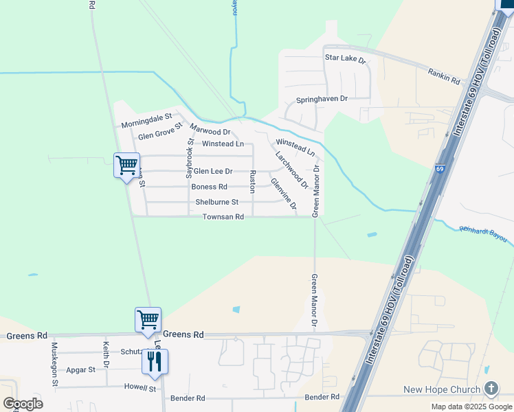 map of restaurants, bars, coffee shops, grocery stores, and more near 6102 Shelburne Street in Humble