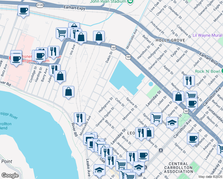 map of restaurants, bars, coffee shops, grocery stores, and more near 1915 Hamilton Street in New Orleans