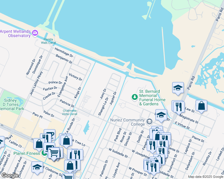map of restaurants, bars, coffee shops, grocery stores, and more near 4005 Jupiter Drive in Chalmette