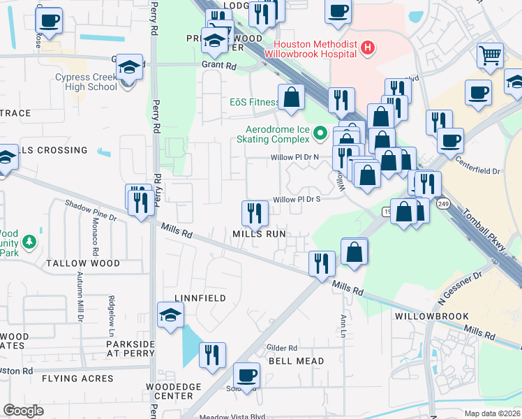 map of restaurants, bars, coffee shops, grocery stores, and more near 8330 Willow Place Drive South in Houston
