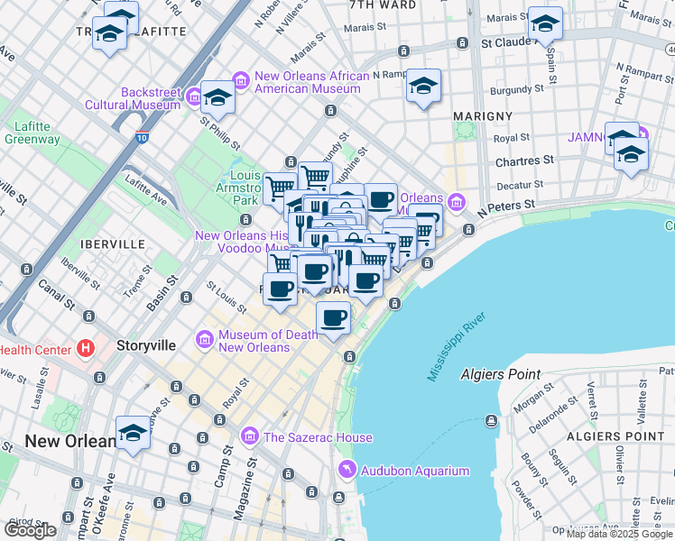 map of restaurants, bars, coffee shops, grocery stores, and more near 902 Royal Street in New Orleans