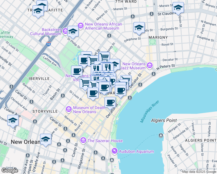 map of restaurants, bars, coffee shops, grocery stores, and more near in New Orleans