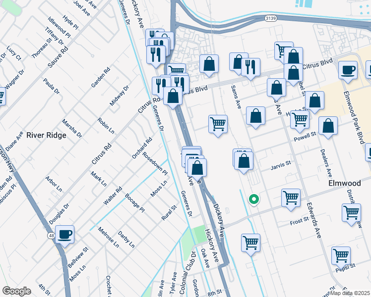 map of restaurants, bars, coffee shops, grocery stores, and more near 1437 Hickory Avenue in Harahan