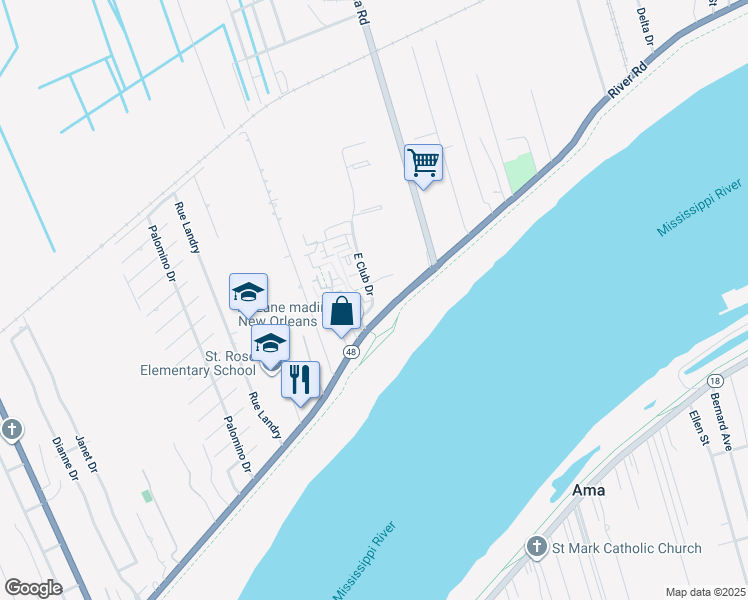 map of restaurants, bars, coffee shops, grocery stores, and more near 107 East Club Drive in Saint Rose