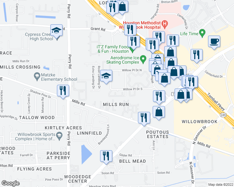 map of restaurants, bars, coffee shops, grocery stores, and more near 8330 Willow Place Drive South in Houston