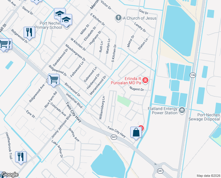 map of restaurants, bars, coffee shops, grocery stores, and more near 431 Meadowgreen Drive in Port Neches