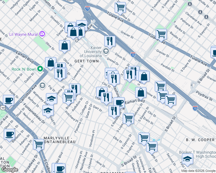 map of restaurants, bars, coffee shops, grocery stores, and more near 1202 South Genois Street in New Orleans