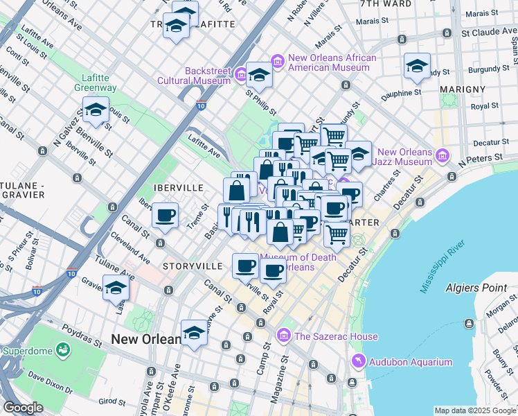 map of restaurants, bars, coffee shops, grocery stores, and more near in New Orleans