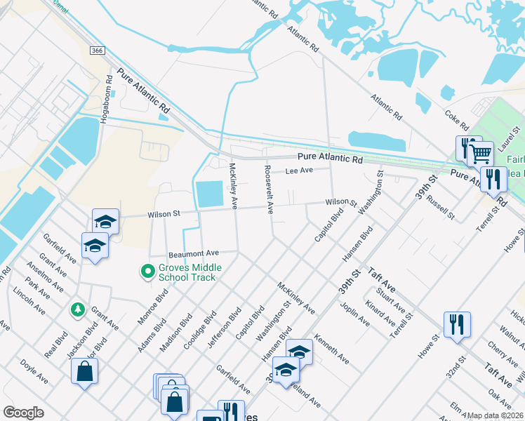 map of restaurants, bars, coffee shops, grocery stores, and more near 4598 Wilson Street in Groves