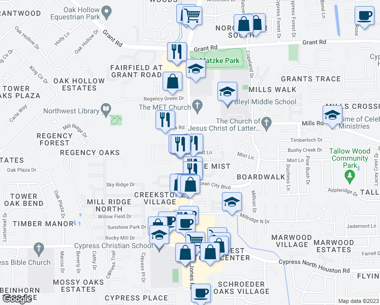 map of restaurants, bars, coffee shops, grocery stores, and more near 10908 Mist Lane in Houston