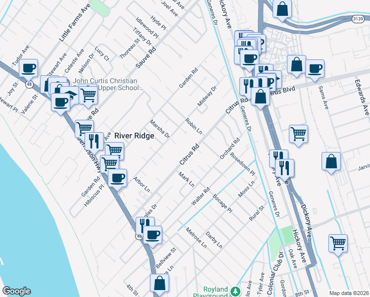 map of restaurants, bars, coffee shops, grocery stores, and more near 274 Citrus Road in River Ridge