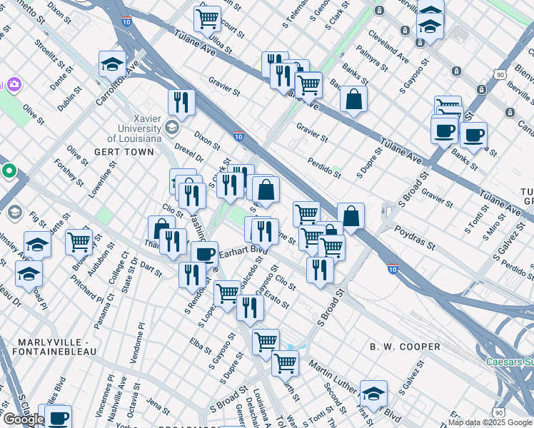 map of restaurants, bars, coffee shops, grocery stores, and more near 4401 Euphrosine Street in New Orleans