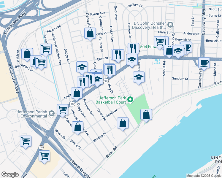 map of restaurants, bars, coffee shops, grocery stores, and more near 423 Highway Drive in Jefferson