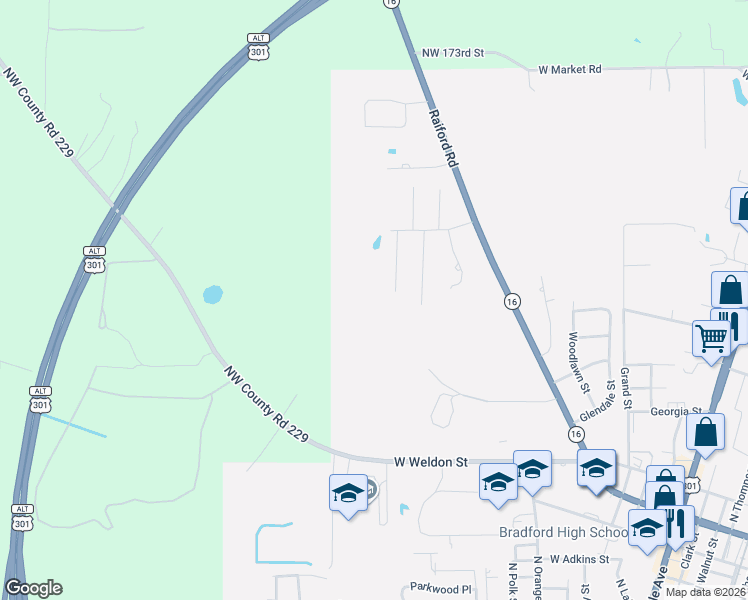 map of restaurants, bars, coffee shops, grocery stores, and more near 1396 Debra Street in Starke