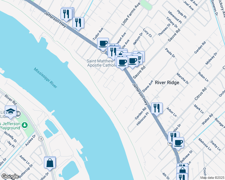 map of restaurants, bars, coffee shops, grocery stores, and more near 132 West Henfer Avenue in River Ridge