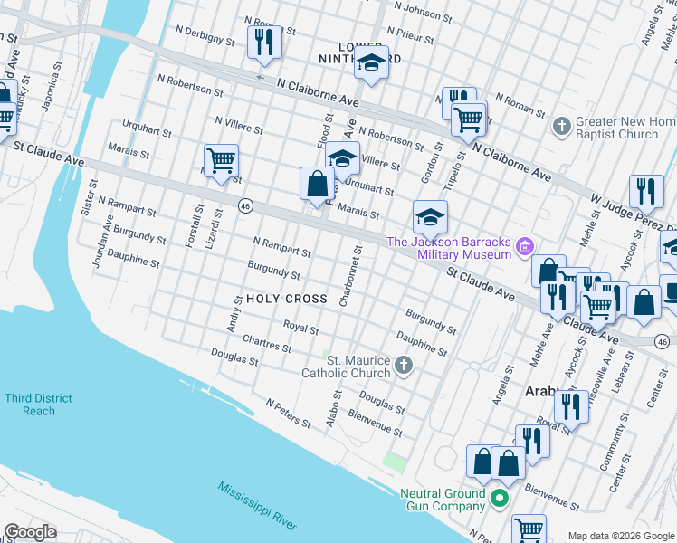 map of restaurants, bars, coffee shops, grocery stores, and more near 943 Lamanche Street in New Orleans