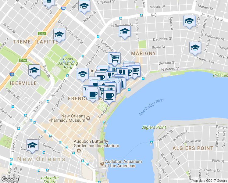 map of restaurants, bars, coffee shops, grocery stores, and more near 538 Saint Philip Street in New Orleans