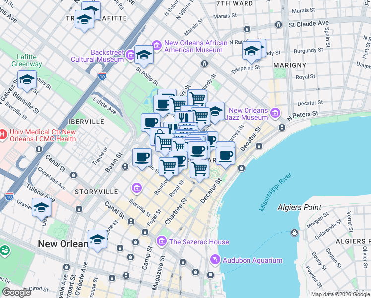 map of restaurants, bars, coffee shops, grocery stores, and more near 839 Saint Ann Street in New Orleans