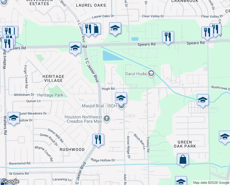 map of restaurants, bars, coffee shops, grocery stores, and more near 1675 Hugh Road in Houston