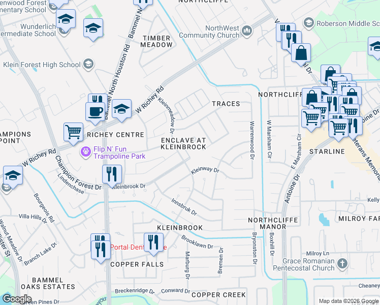 map of restaurants, bars, coffee shops, grocery stores, and more near 12410 Kleingate Lane in Houston