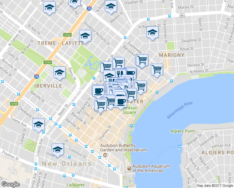 map of restaurants, bars, coffee shops, grocery stores, and more near 727 St Ann St in New Orleans