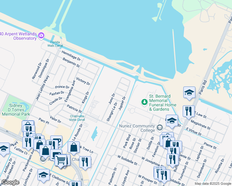 map of restaurants, bars, coffee shops, grocery stores, and more near 9013 Gladiators Street in Chalmette