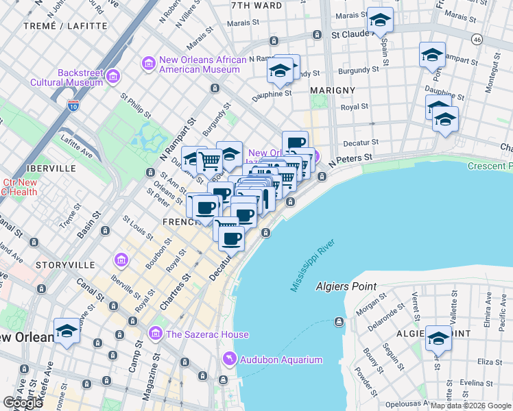 map of restaurants, bars, coffee shops, grocery stores, and more near 538 Saint Philip Street in New Orleans