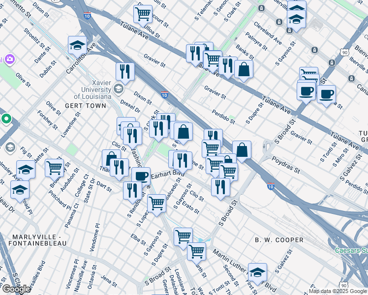 map of restaurants, bars, coffee shops, grocery stores, and more near 4401 Euphrosine Street in New Orleans