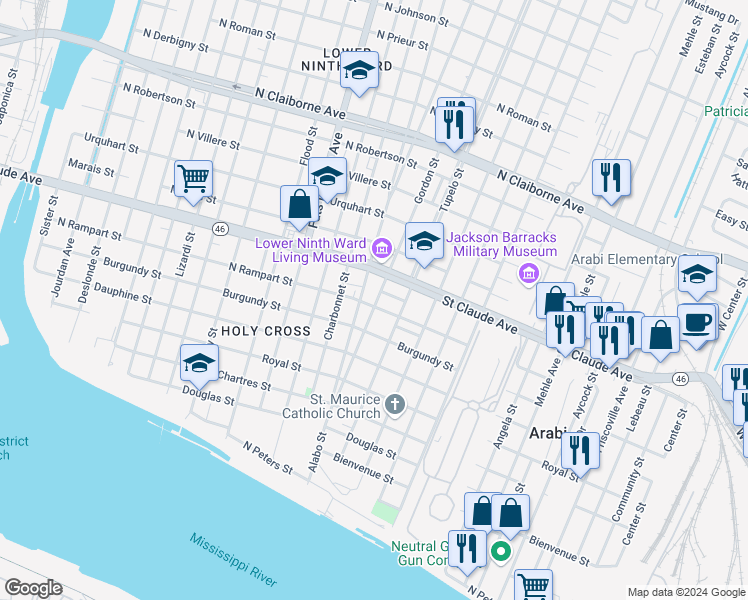 map of restaurants, bars, coffee shops, grocery stores, and more near 1006 Gordon Street in New Orleans