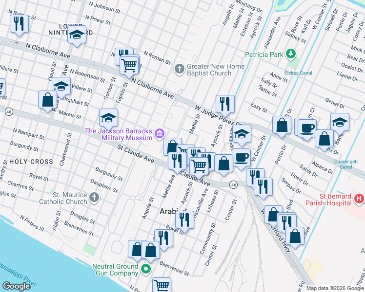 map of restaurants, bars, coffee shops, grocery stores, and more near 1334 Mehle Street in Arabi