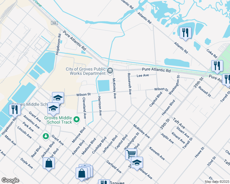 map of restaurants, bars, coffee shops, grocery stores, and more near 4798 Wilson Avenue in Groves