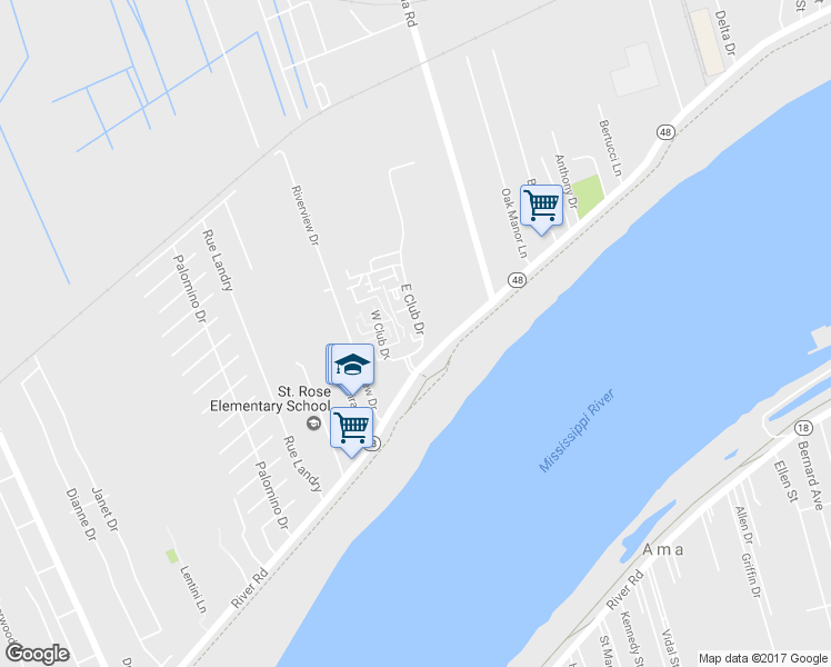 map of restaurants, bars, coffee shops, grocery stores, and more near 107 East Club Drive in Saint Rose