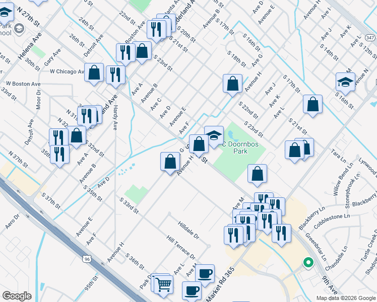 map of restaurants, bars, coffee shops, grocery stores, and more near 2705 Avenue G in Nederland