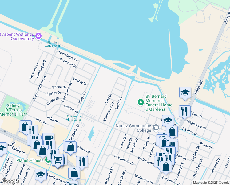 map of restaurants, bars, coffee shops, grocery stores, and more near 9013 Gladiators Street in Chalmette