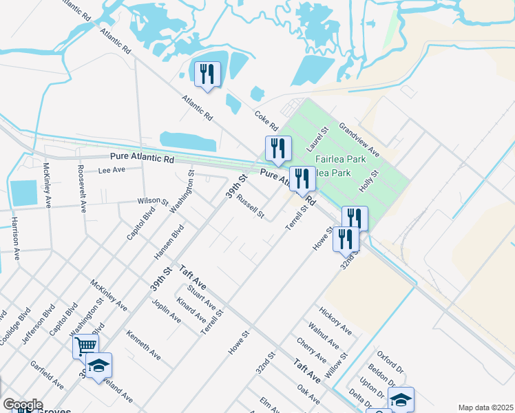 map of restaurants, bars, coffee shops, grocery stores, and more near 3800 Russell Street in Groves