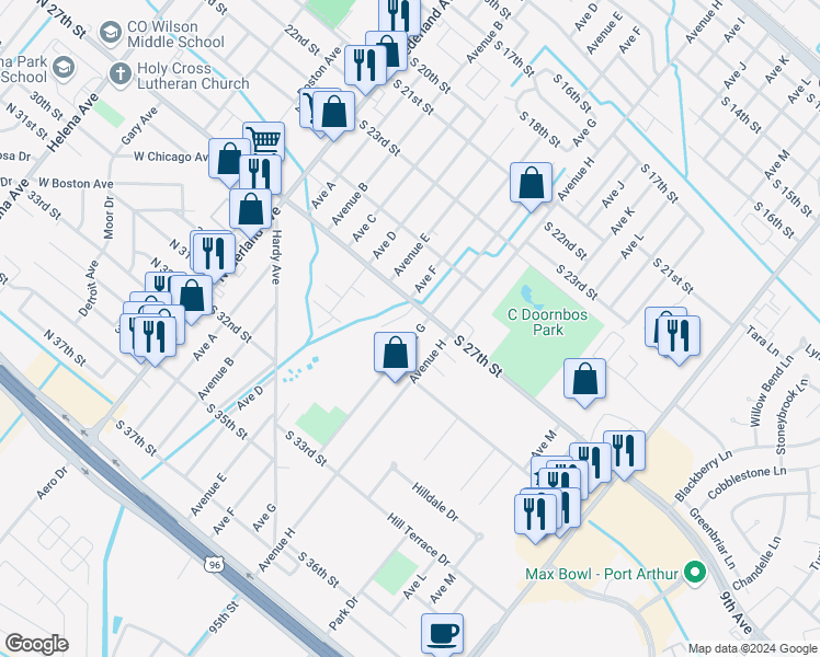map of restaurants, bars, coffee shops, grocery stores, and more near 2720 Avenue G in Nederland