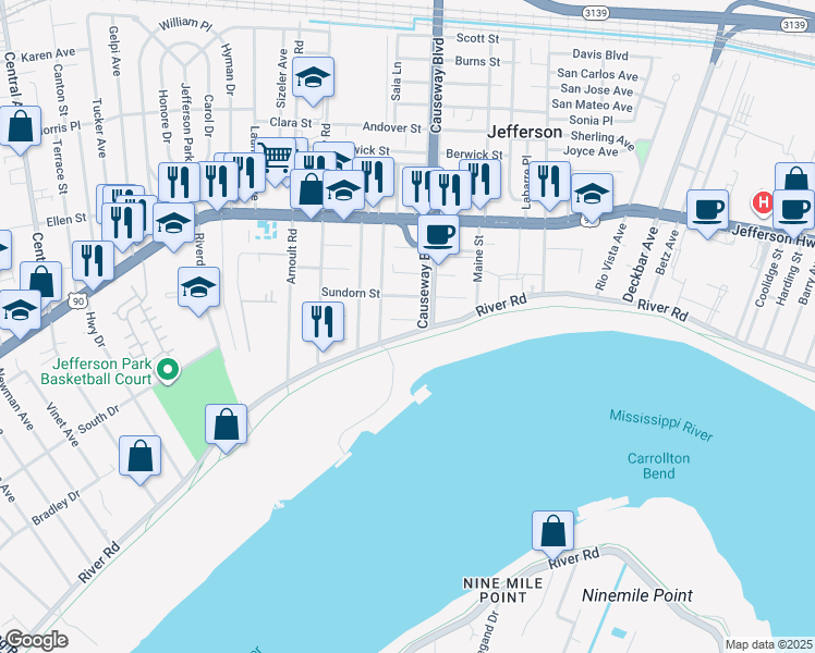 map of restaurants, bars, coffee shops, grocery stores, and more near 3016 D'Aquin Street in Jefferson