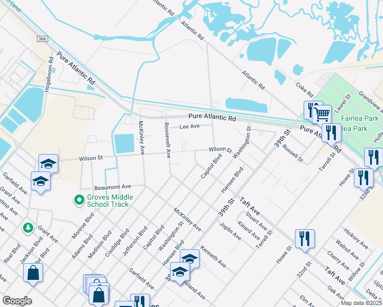 map of restaurants, bars, coffee shops, grocery stores, and more near 4501 Wilson Street in Groves